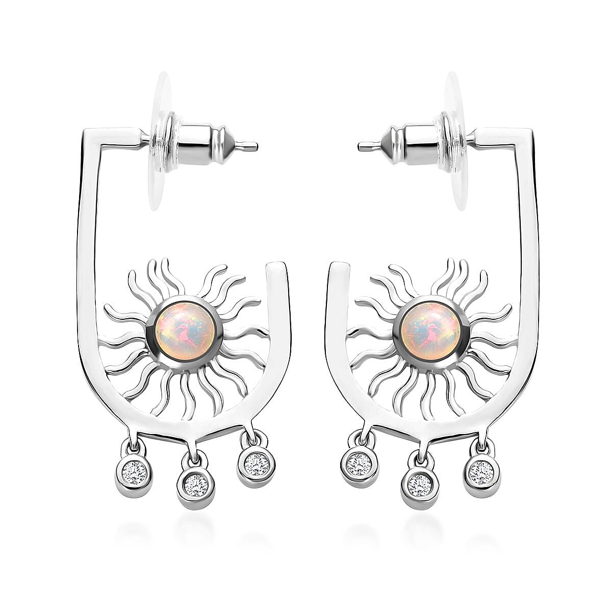 Ethiopian Welo Opal and White Zircon Celestial Sun Charms Earrings in Platinum Over Sterling Silver 1.00 ctw