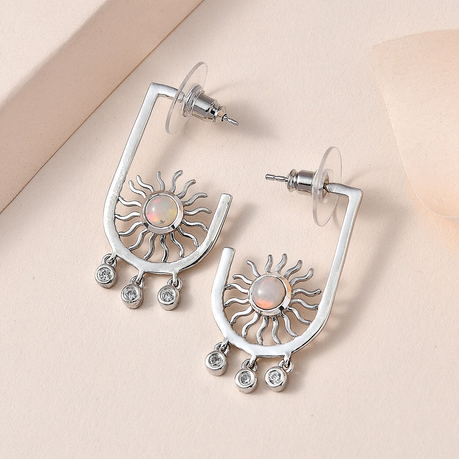 Ethiopian Welo Opal and White Zircon Celestial Sun Charms Earrings in Platinum Over Sterling Silver 1.00 ctw