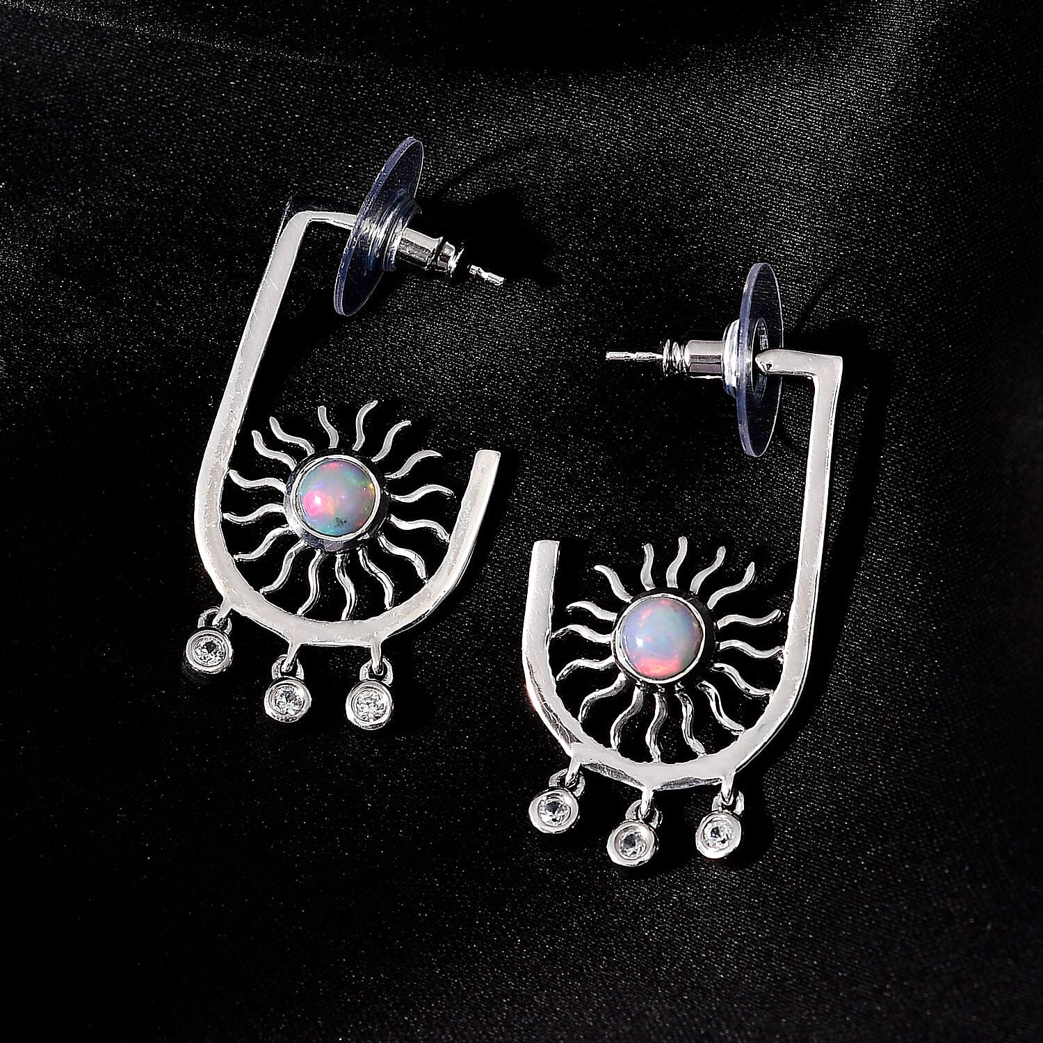 Ethiopian Welo Opal and White Zircon Celestial Sun Charms Earrings in Platinum Over Sterling Silver 1.00 ctw