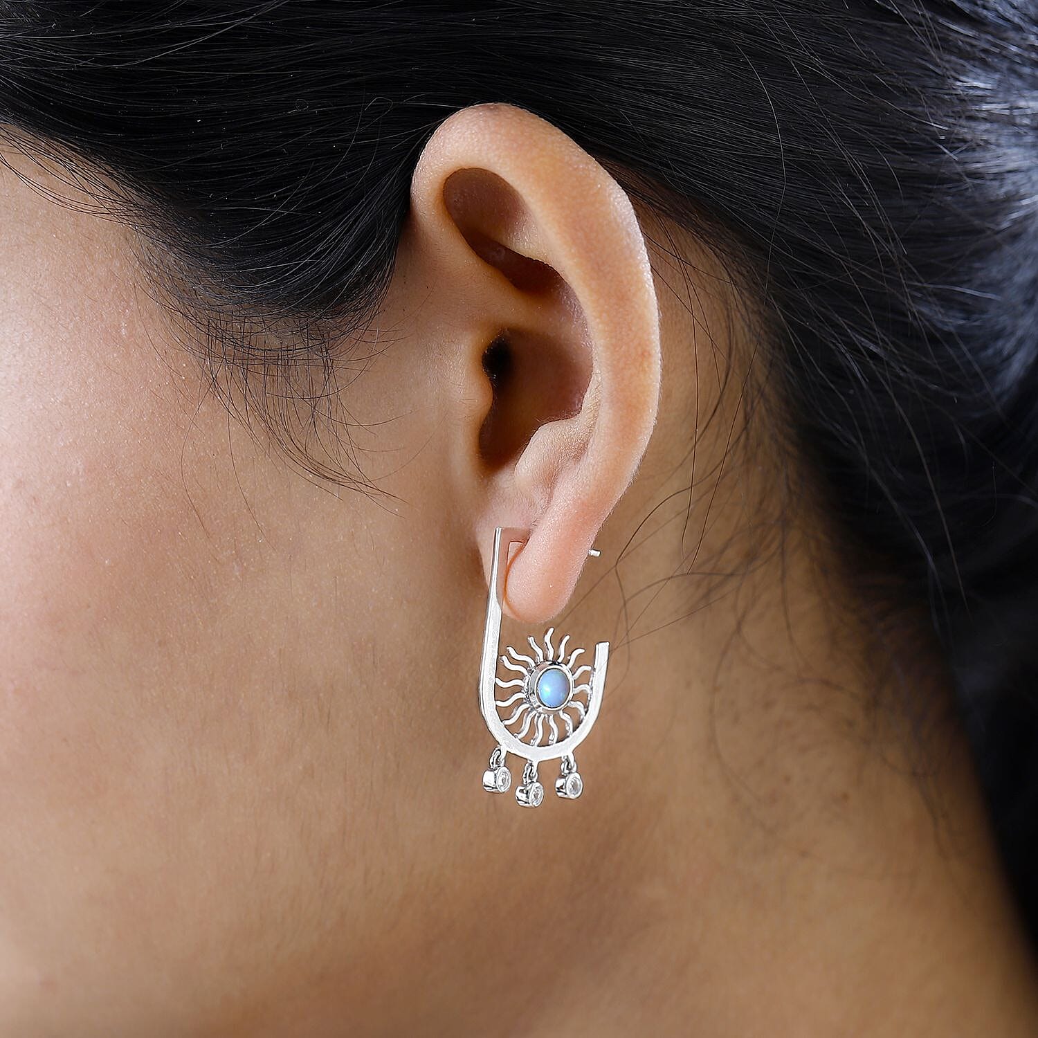 Ethiopian Welo Opal and White Zircon Celestial Sun Charms Earrings in Platinum Over Sterling Silver 1.00 ctw