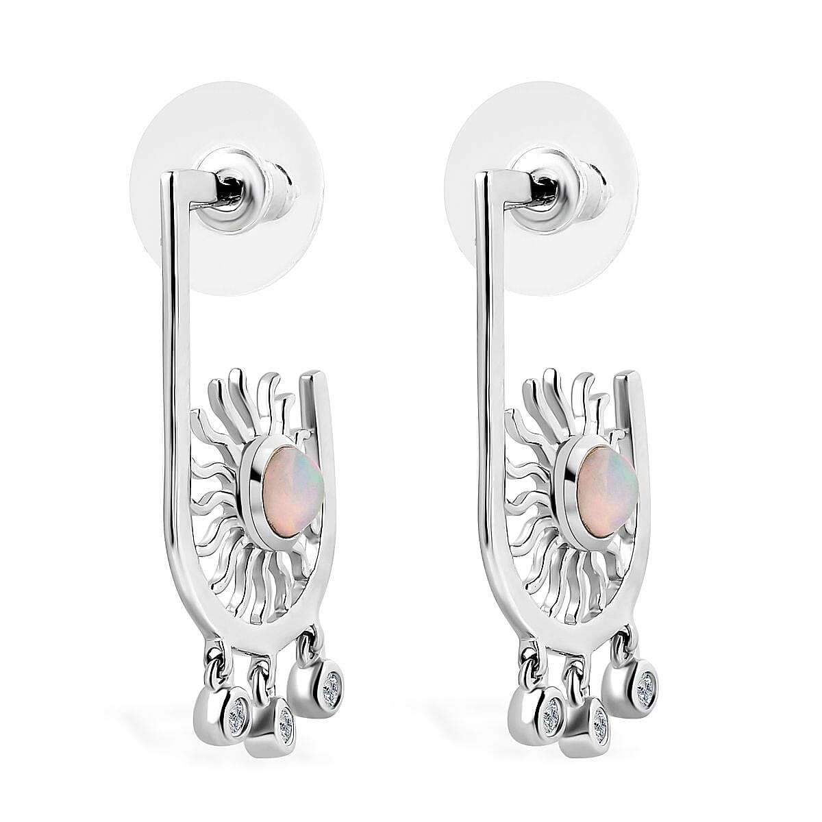 Ethiopian Welo Opal and White Zircon Celestial Sun Charms Earrings in Platinum Over Sterling Silver 1.00 ctw