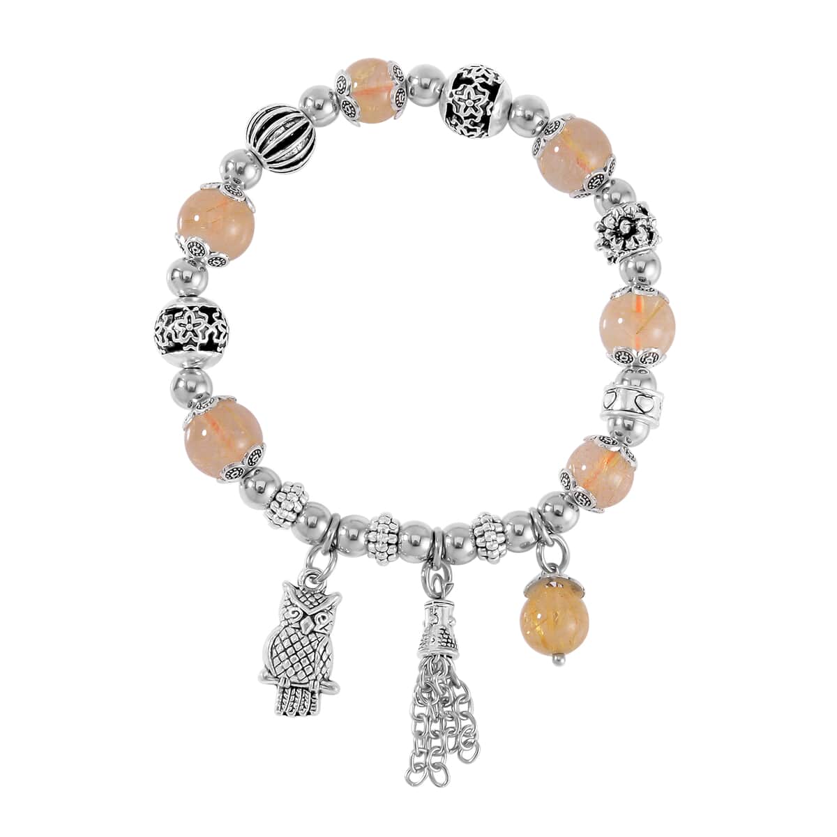 Golden Rutilated Quartz Beaded Stretch Bracelet with Silvertone Charm 47.10 ctw image number 0
