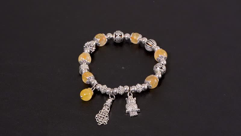 Golden Rutilated Quartz Beaded Stretch Bracelet with Silvertone Charm 47.10 ctw