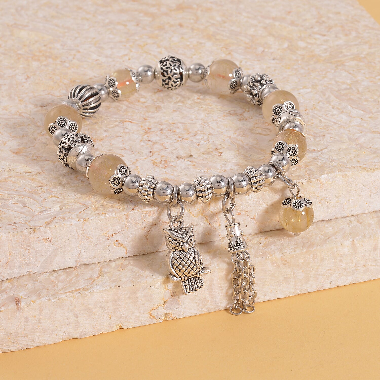 Golden Rutilated Quartz 47.10 ctw Beaded Stretch Bracelet with Silvertone Charm