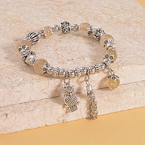 Golden Rutilated Quartz 47.10 ctw Beaded Stretch Bracelet with Silvertone Charm