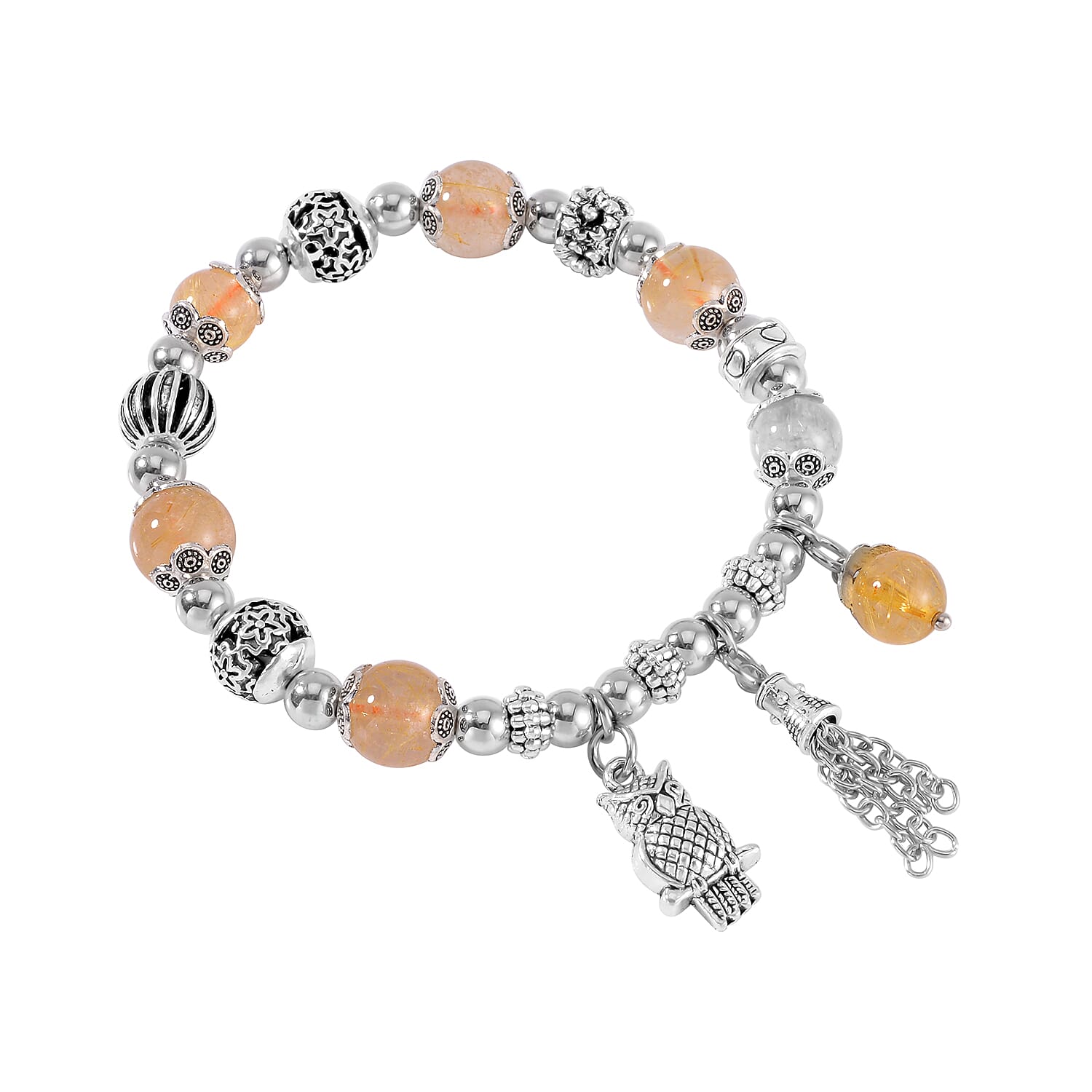 Golden Rutilated Quartz 47.10 ctw Beaded Stretch Bracelet with Silvertone Charm