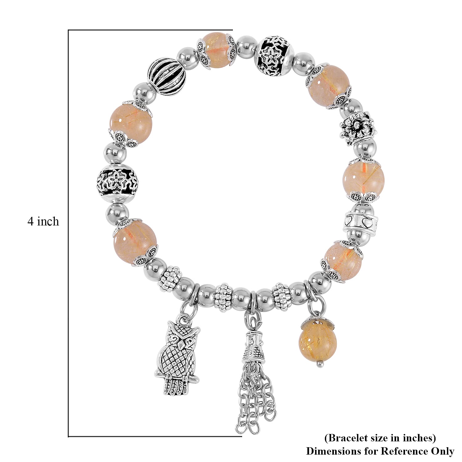 Golden Rutilated Quartz 47.10 ctw Beaded Stretch Bracelet with Silvertone Charm