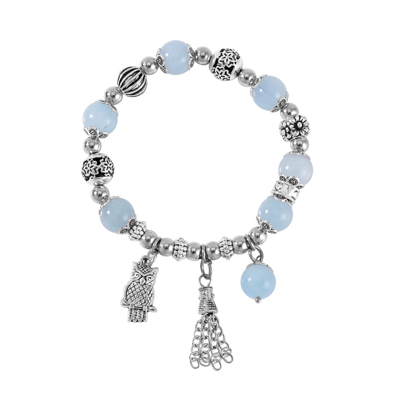Mangoro Aquamarine 57.10 ctw Beaded Stretch Bracelet with Silvertone Charm