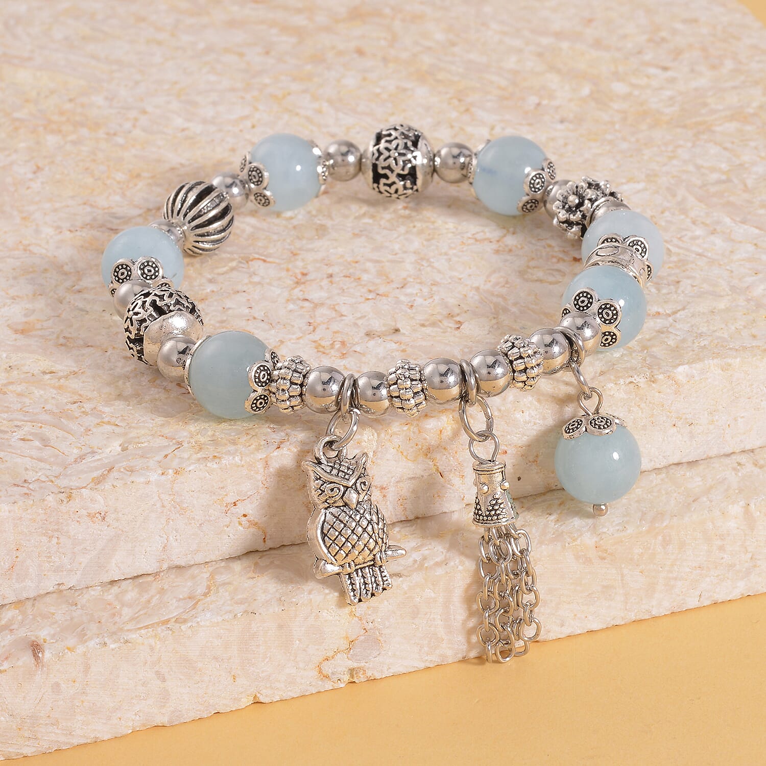 Mangoro Aquamarine 57.10 ctw Beaded Stretch Bracelet with Silvertone Charm