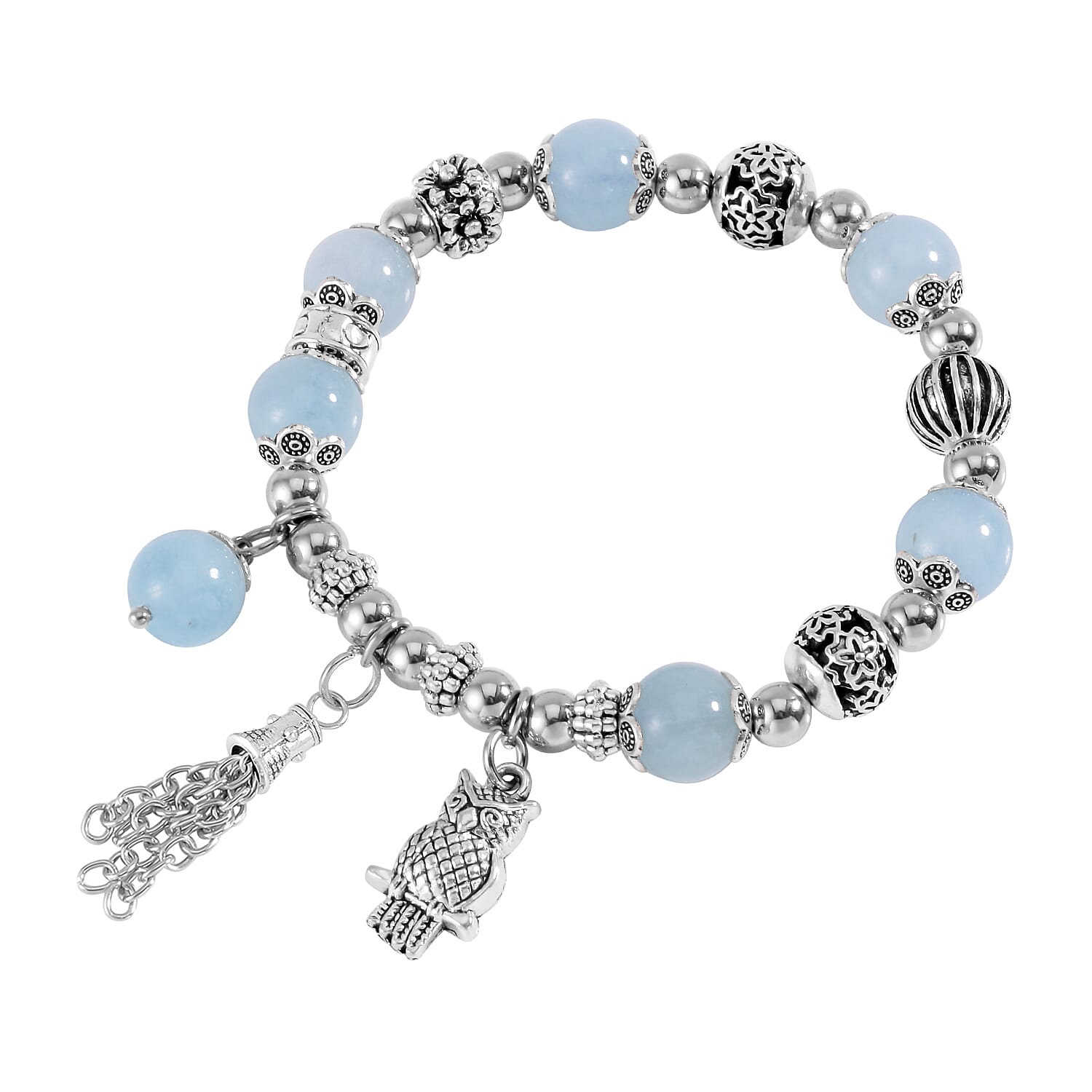 Mangoro Aquamarine 57.10 ctw Beaded Stretch Bracelet with Silvertone Charm
