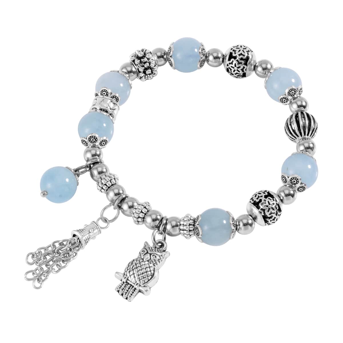 Mangoro Aquamarine 57.10 ctw Beaded Stretch Bracelet with Silvertone Charm image number 2