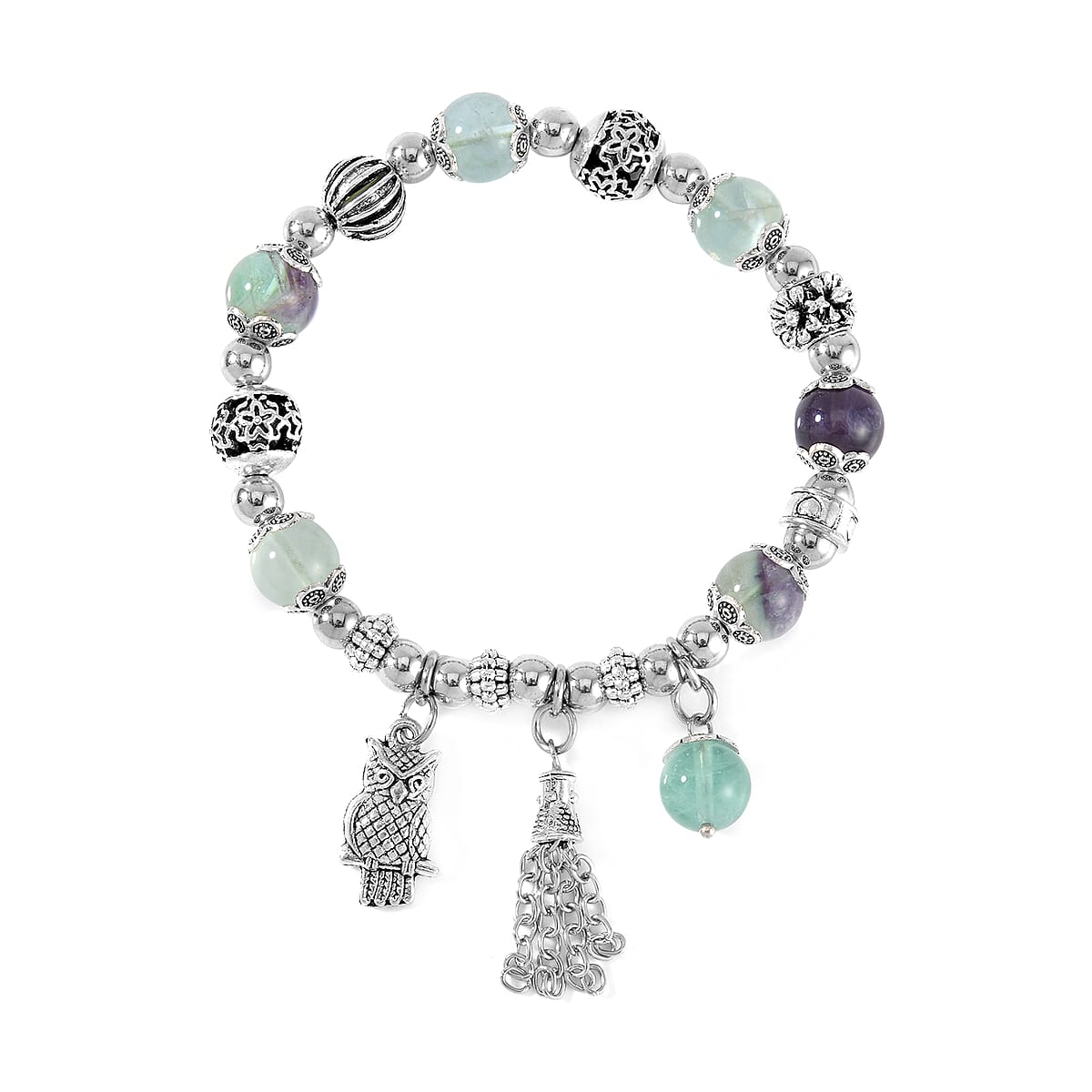 Multi Fluorite 57.80 ctw Beaded Stretch Bracelet with Silvertone Charm image number 0