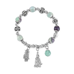 Multi Fluorite 57.80 ctw Beaded Stretch Bracelet with Silvertone Charm