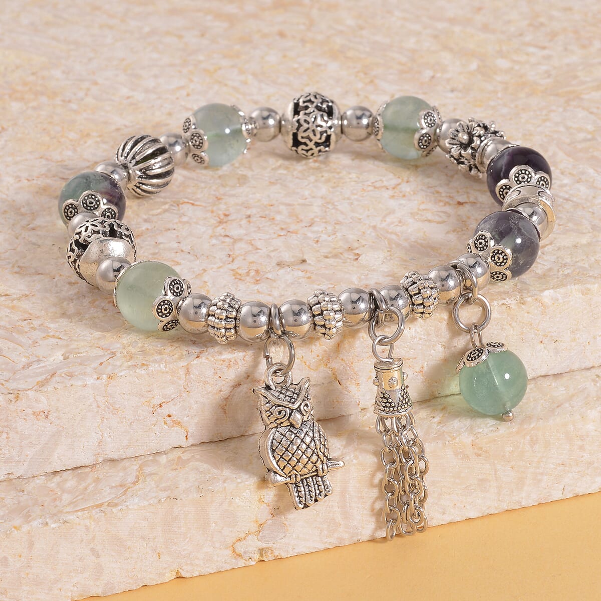 Multi Fluorite 57.80 ctw Beaded Stretch Bracelet with Silvertone Charm image number 1