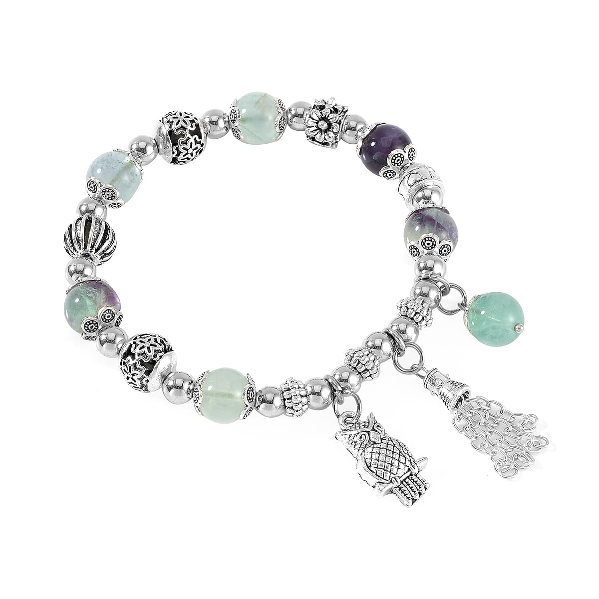 Multi Fluorite 57.80 ctw Beaded Stretch Bracelet with Silvertone Charm image number 2