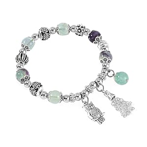 Multi Fluorite 57.80 ctw Beaded Stretch Bracelet with Silvertone Charm