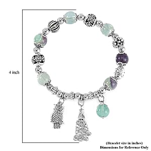 Multi Fluorite 57.80 ctw Beaded Stretch Bracelet with Silvertone Charm