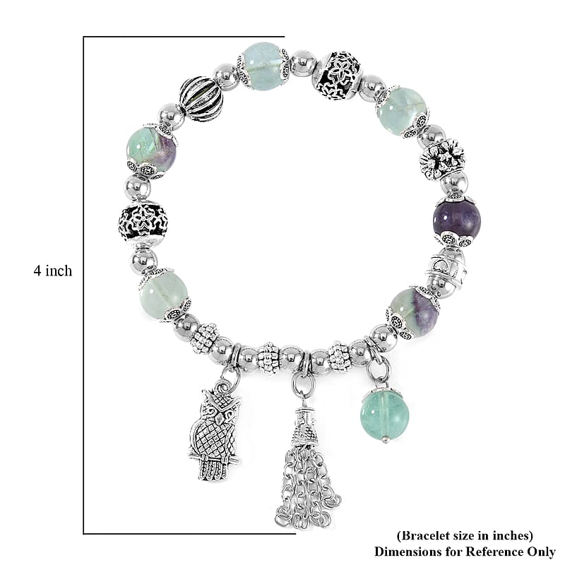 Multi Fluorite 57.80 ctw Beaded Stretch Bracelet with Silvertone Charm