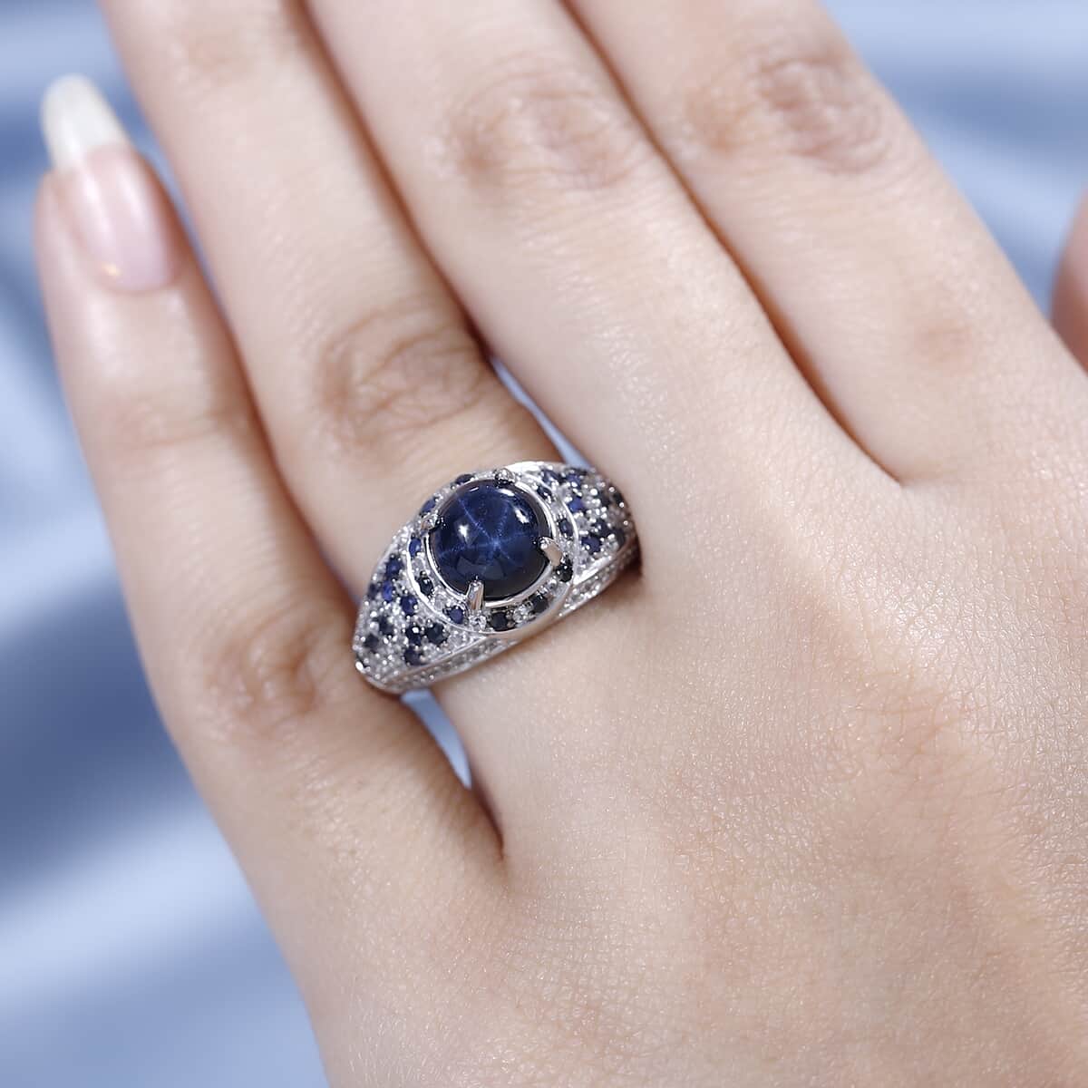 Blue Star Sapphire (DF) and Multi Gemstone Ring in Platinum Over Sterling Silver 4.75 ctw (Del. in 3-5 Days) image number 2