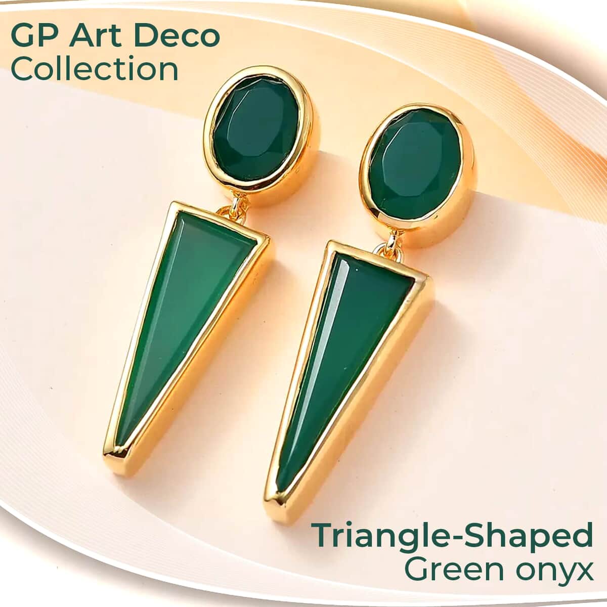 GP Art Deco Collection Green Onyx Earrings, Vermeil Yellow Gold Over Sterling Silver Earrings, Fancy Dangle Earrings, Post Stud Earrings 9.20 ctw image number 1