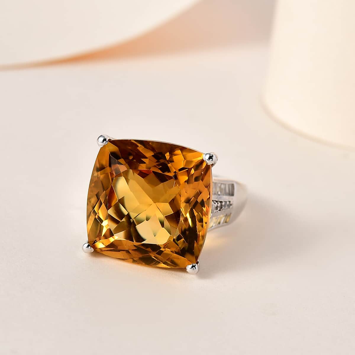 AAA Brazilian Citrine and White Zircon Ring in Platinum Over Sterling Silver (Size 10.0) 18.65 ctw image number 1