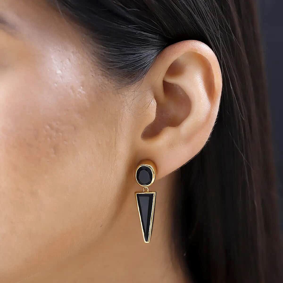 GP Art Deco Collection Black Onyx Earrings, Vermeil Yellow Gold Over Sterling Silver Earrings, Fancy Dangle Earrings, Post Stud Earrings 9.50 ctw image number 5