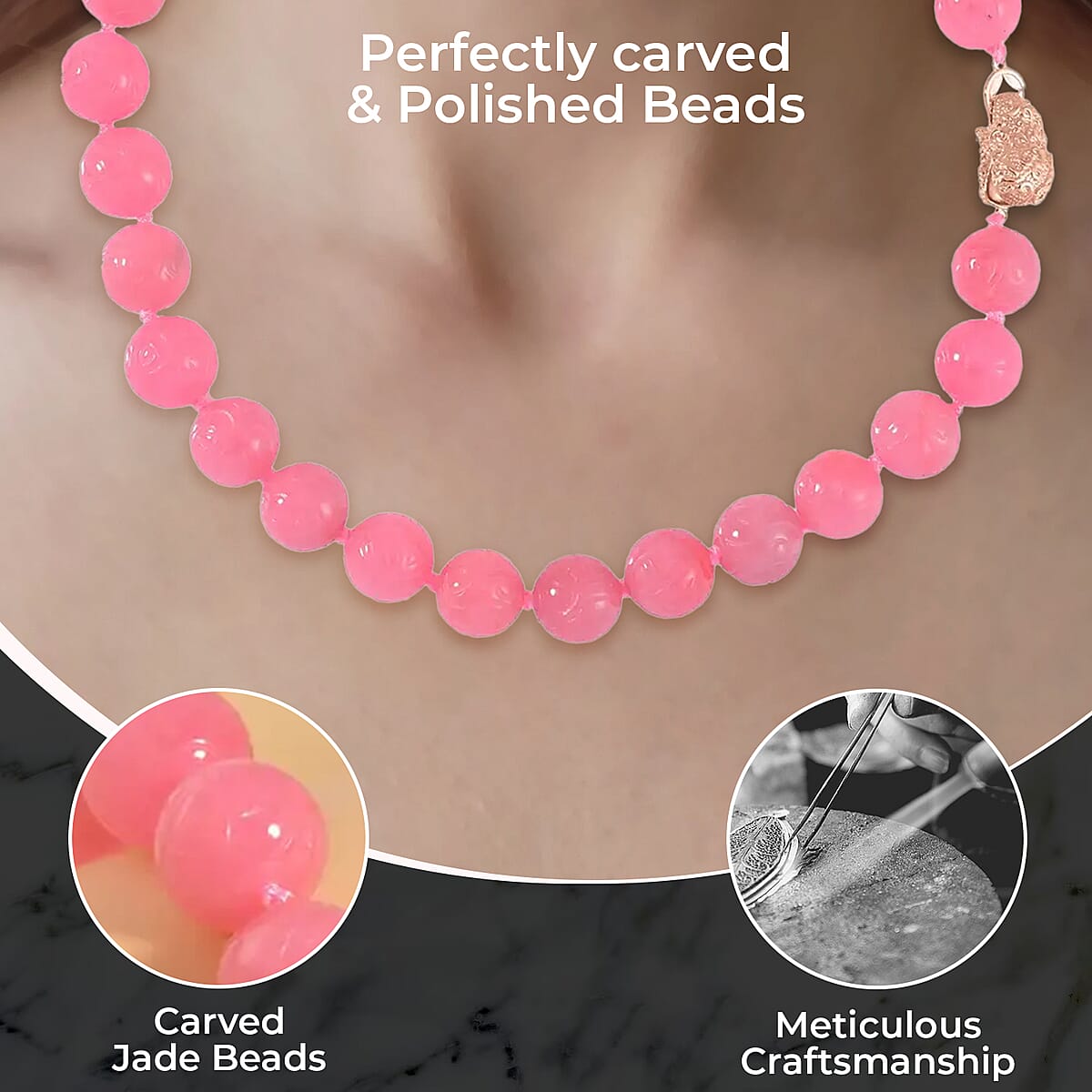 Pink Jade 701.00 ctw Beaded Necklace, Dragon Frog Motif Necklace, 18 Inch Vermeil Yellow Gold Over Sterling Silver Necklace, Jade Jewelry image number 2