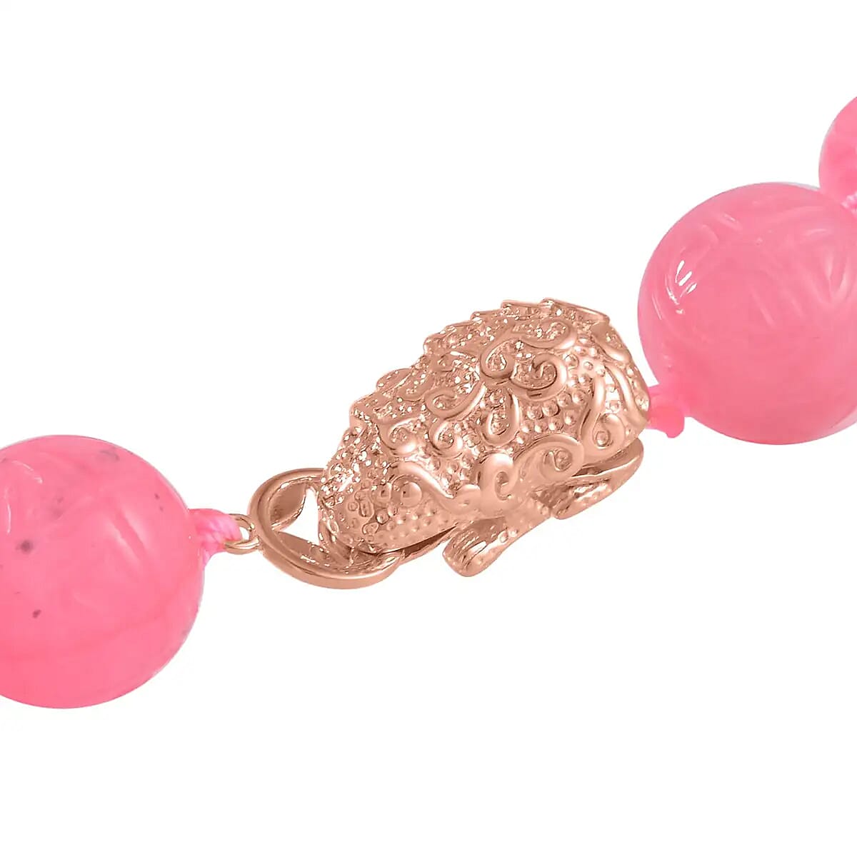 Pink Jade 701.00 ctw Beaded Necklace, Dragon Frog Motif Necklace, 18 Inch Vermeil Yellow Gold Over Sterling Silver Necklace, Jade Jewelry image number 4