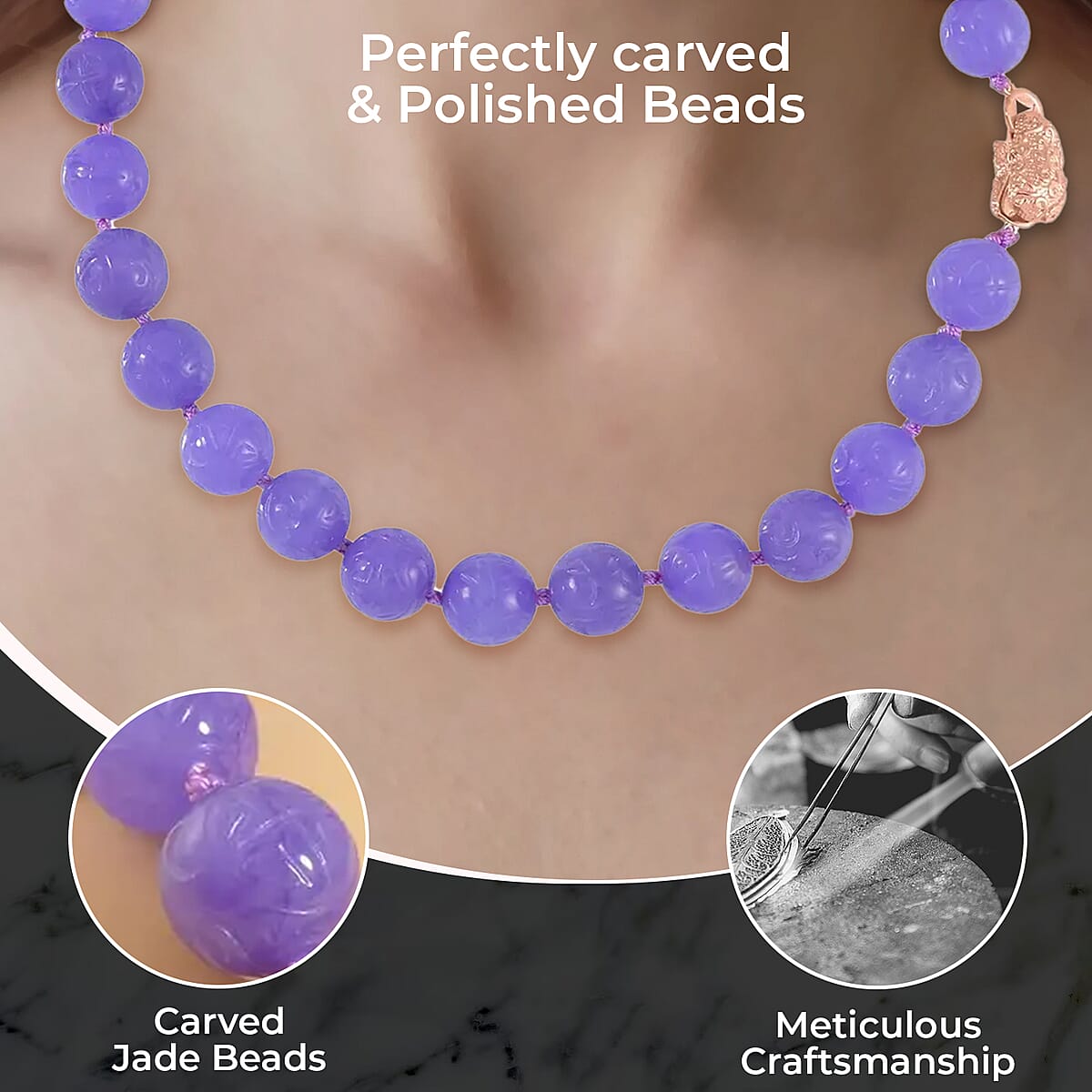 Purple Jade Beaded Necklace, Dragon Frog Motif Necklace, 18 Inch Vermeil Yellow Gold Over Sterling Silver Necklace, Jade Jewelry 703.15 ctw image number 2