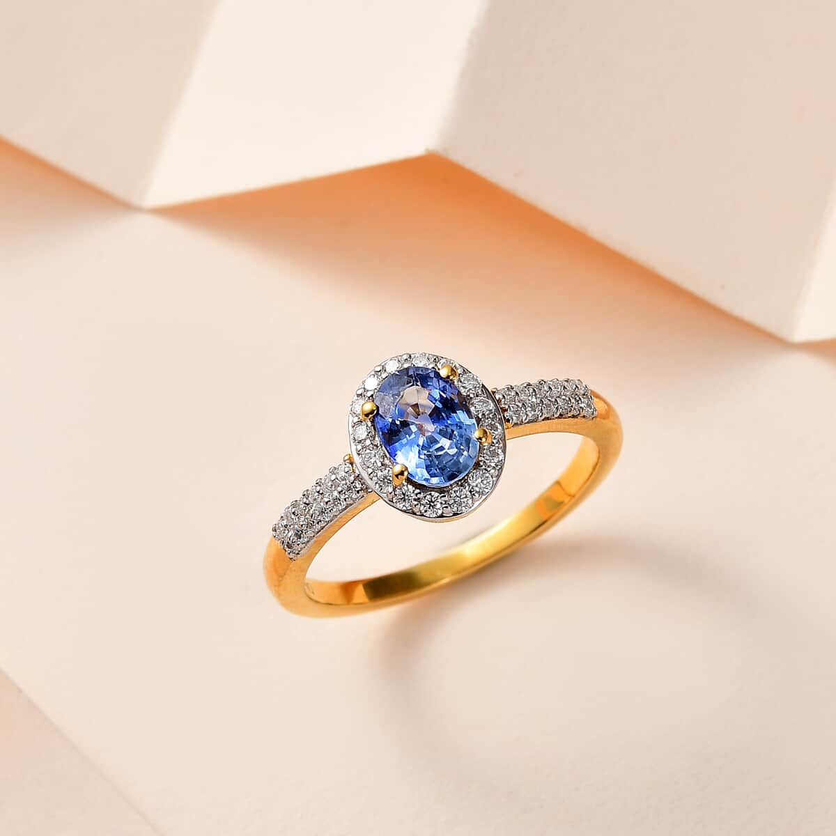 Doorbuster Premium Ceylon Blue Sapphire and Moissanite Halo Ring in Vermeil Yellow Gold Over Sterling Silver (Size 10.0) 1.20 ctw image number 1