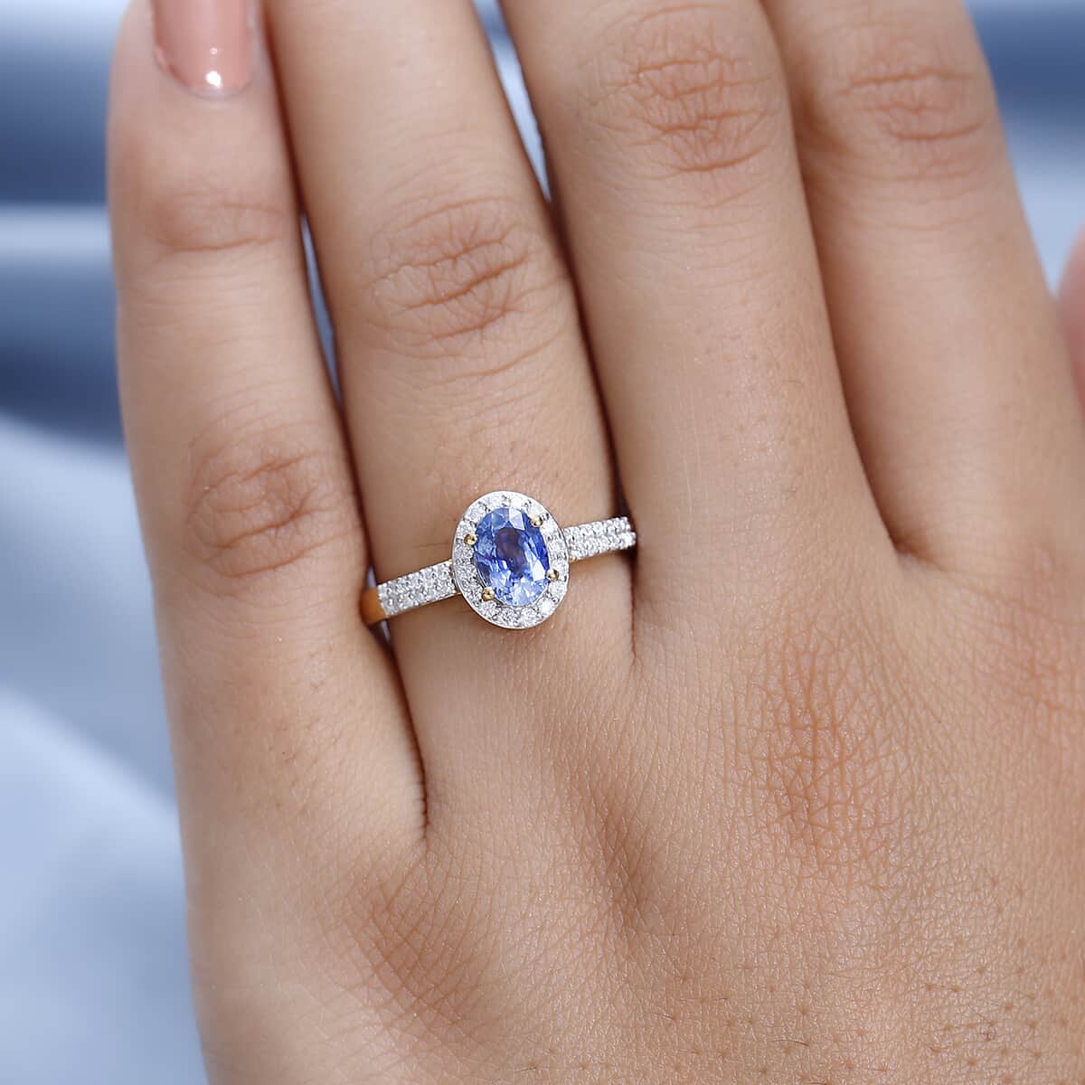 Doorbuster Premium Ceylon Blue Sapphire and Moissanite Halo Ring in Vermeil Yellow Gold Over Sterling Silver (Size 10.0) 1.20 ctw image number 2