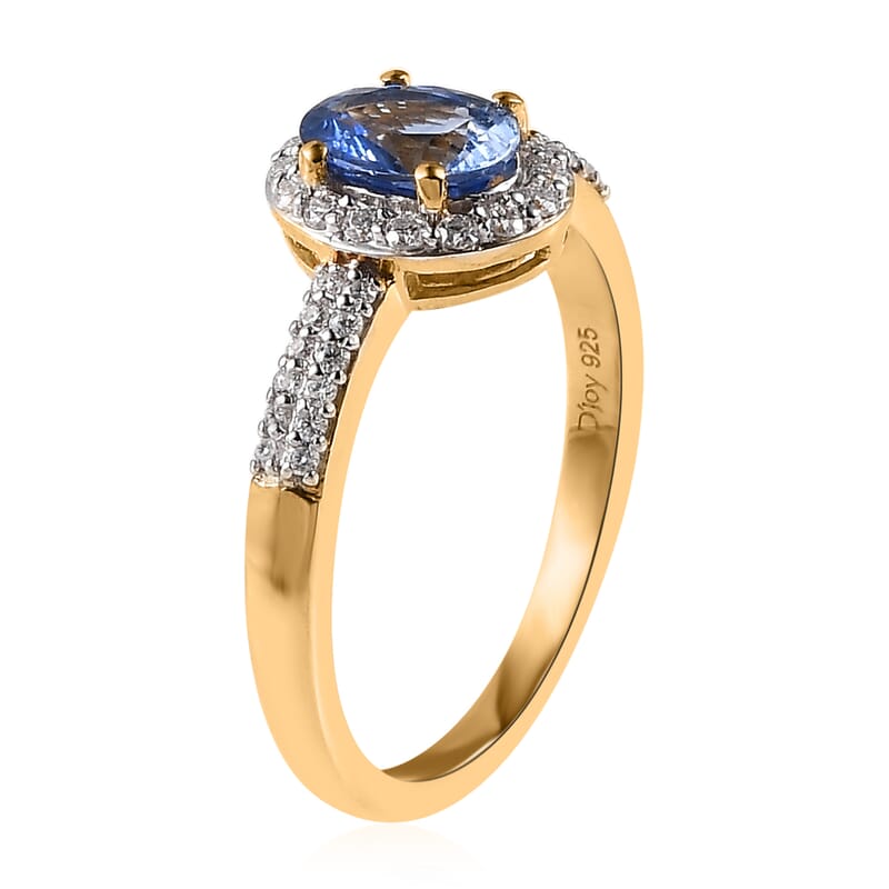 Premium Ceylon Blue Sapphire and Moissanite Halo Ring in Vermeil Yellow Gold Over Sterling Silver (Size 10.0) 1.25 ctw