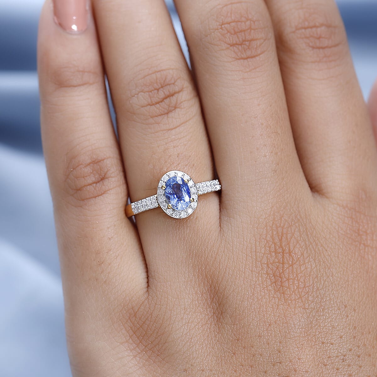 Premium Ceylon Blue Sapphire and Moissanite Halo Ring in Vermeil Yellow Gold Over Sterling Silver (Size 7.0) 1.25 ctw image number 1