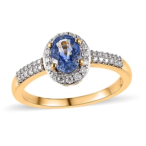 Premium Ceylon Blue Sapphire and Moissanite Halo Ring in Vermeil Yellow Gold Over Sterling Silver (Size 8.0) 1.25 ctw