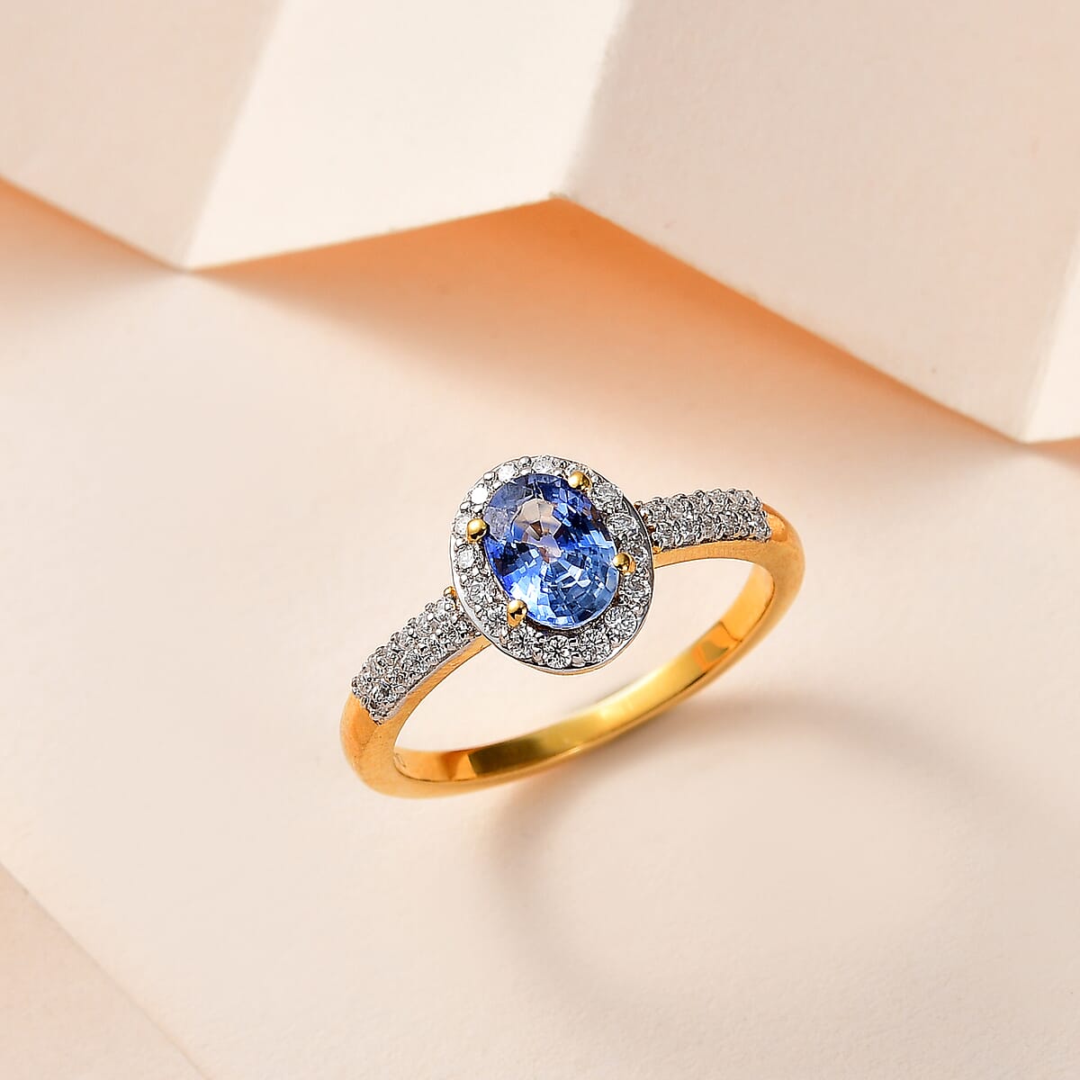 Premium Ceylon Blue Sapphire and Moissanite Halo Ring in Vermeil Yellow Gold Over Sterling Silver (Size 8.0) 1.25 ctw image number 1