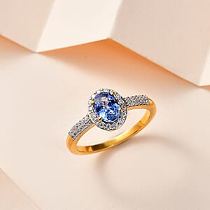 Premium Ceylon Blue Sapphire and Moissanite Halo Ring in Vermeil Yellow Gold Over Sterling Silver (Size 8.0) 1.25 ctw