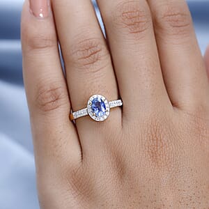 Premium Ceylon Blue Sapphire and Moissanite Halo Ring in Vermeil Yellow Gold Over Sterling Silver (Size 8.0) 1.25 ctw