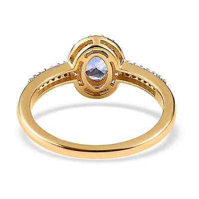 Premium Ceylon Blue Sapphire and Moissanite Halo Ring in Vermeil Yellow Gold Over Sterling Silver (Size 8.0) 1.25 ctw