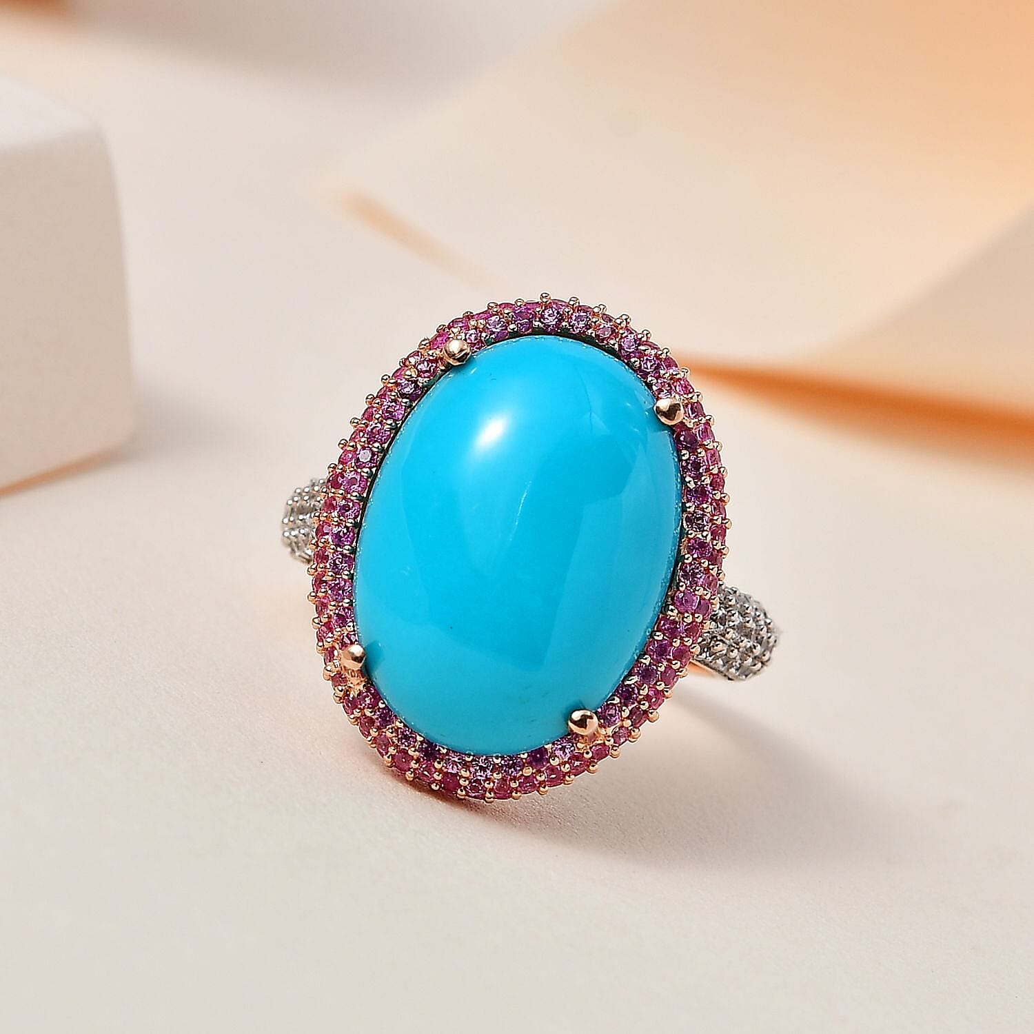 Premium Sleeping Beauty Turquoise, Multi Gemstone Double Halo Ring in Vermeil RG Over Sterling Silver (Size 10.0) 11.75 ctw
