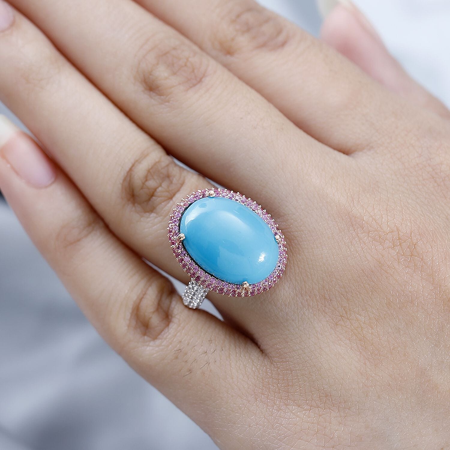Premium Sleeping Beauty Turquoise, Multi Gemstone Double Halo Ring in Vermeil RG Over Sterling Silver (Size 10.0) 11.75 ctw