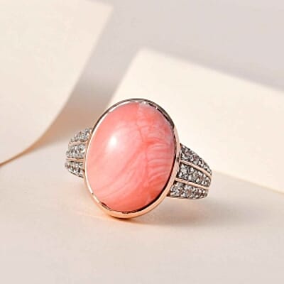 Oregon Sunrise Peach Opal and White Zircon  7.03 ctw Ring in Vermeil RG Over Sterling Silver (Size 9)