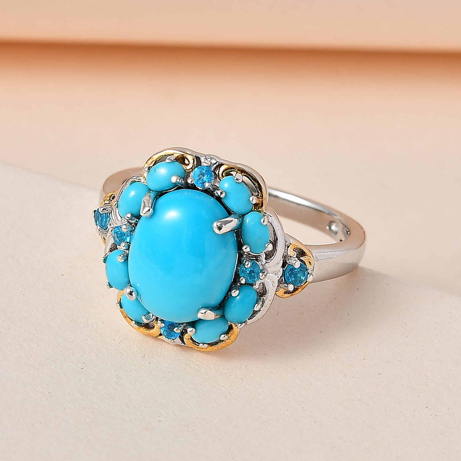 Premium Sleeping Beauty Turquoise and Malgache Neon Apatite Ring in Vermeil YG and Platinum Over Sterling Silver (Size 10.0) 3.00 ctw