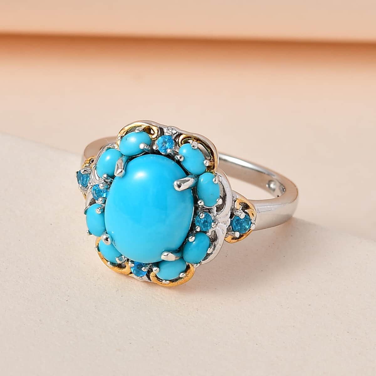 Premium Sleeping Beauty Turquoise and Malgache Neon Apatite Ring in Vermeil YG and Platinum Over Sterling Silver 3.00 ctw (Del. in 3-5 Days) image number 1