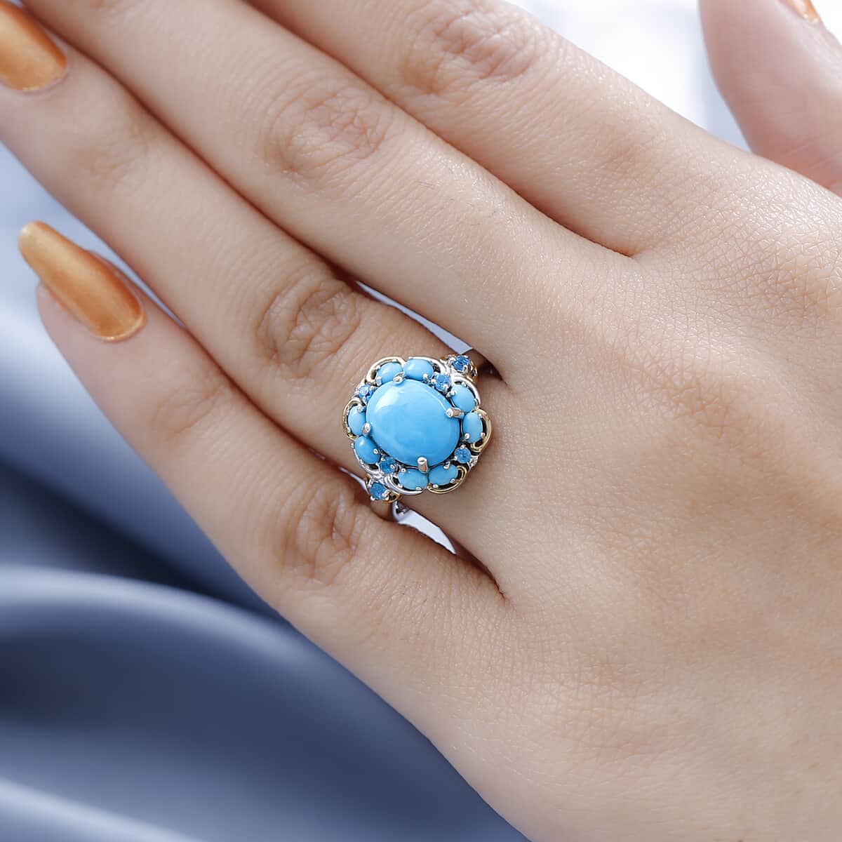 Premium Sleeping Beauty Turquoise and Malgache Neon Apatite Ring in Vermeil YG and Platinum Over Sterling Silver 3.00 ctw (Del. in 3-5 Days) image number 2