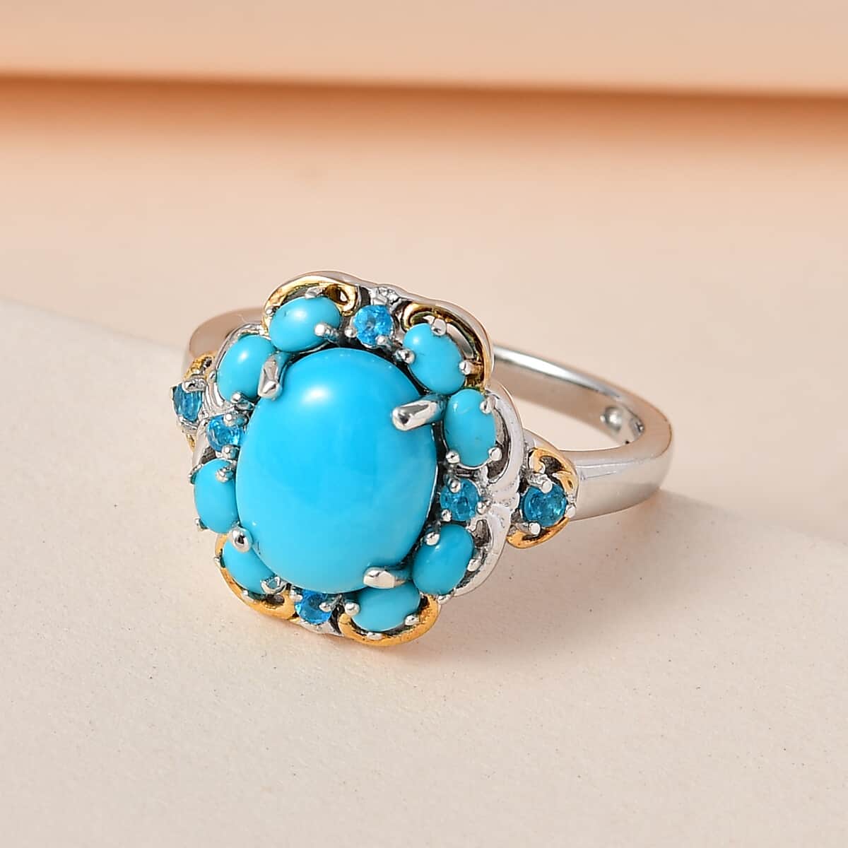 Premium Sleeping Beauty Turquoise and Malgache Neon Apatite Ring in Vermeil YG and Platinum Over Sterling Silver (Size 9.0) 3.00 ctw image number 1