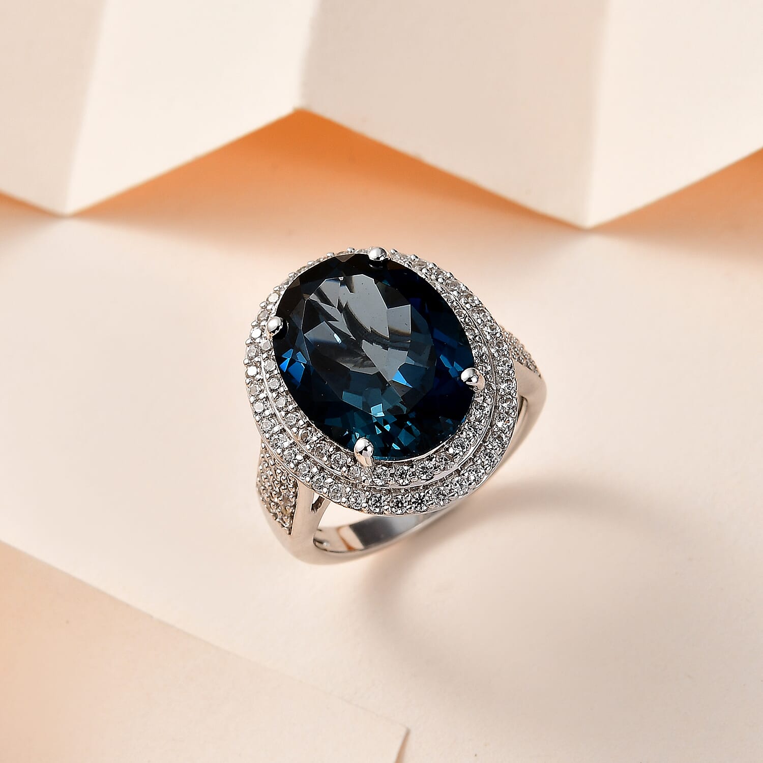 Premium London Blue Topaz and White Zircon Double Halo Ring in Platinum Over Sterling Silver (Size 10.0) 11.25 ctw