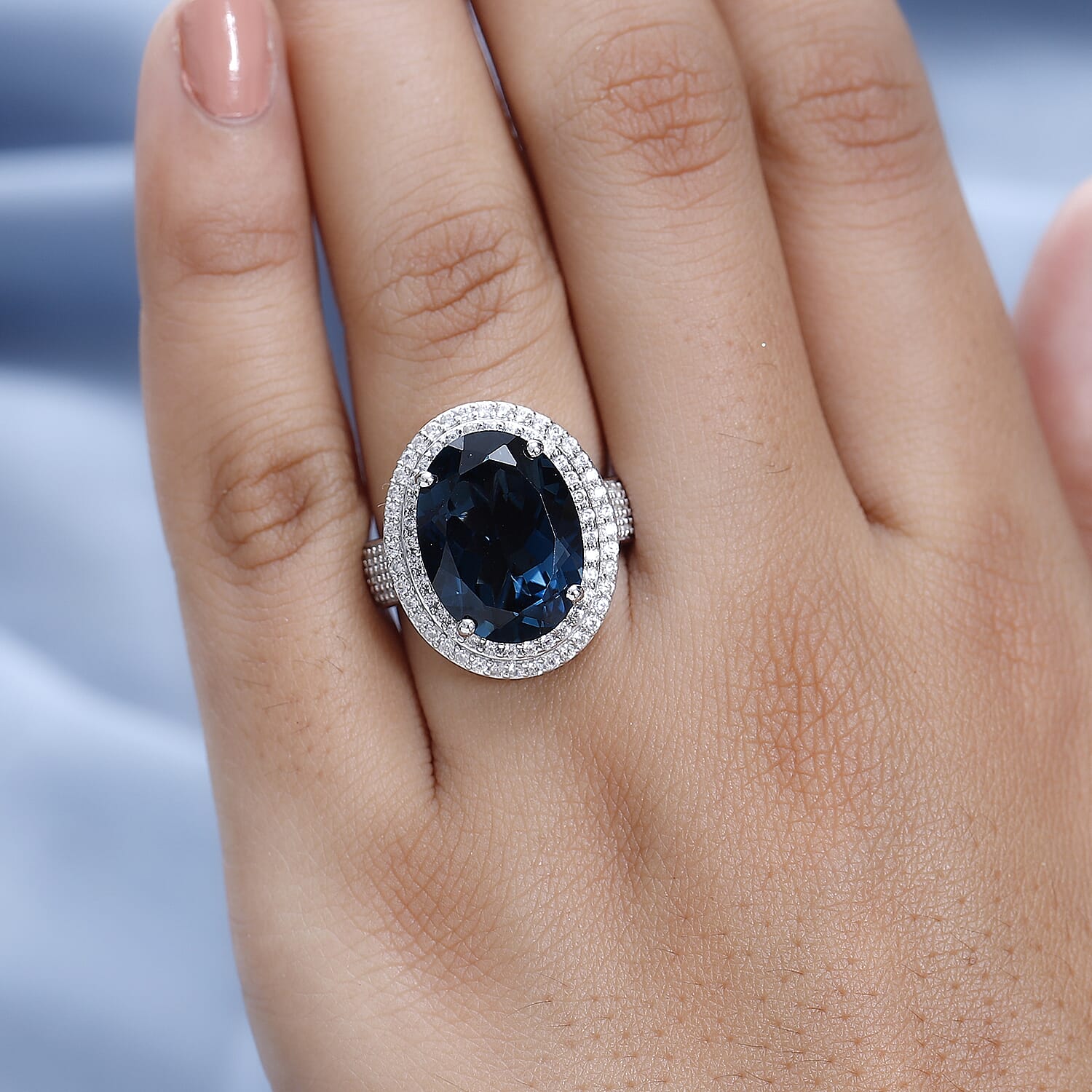 Premium London Blue Topaz and White Zircon Double Halo Ring in Platinum Over Sterling Silver (Size 10.0) 11.25 ctw