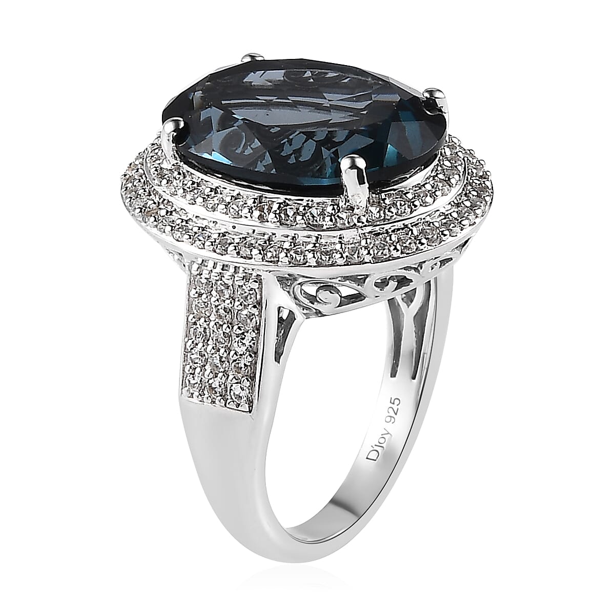 Premium London Blue Topaz and White Zircon Double Halo Ring in Platinum Over Sterling Silver (Size 10.0) 11.25 ctw