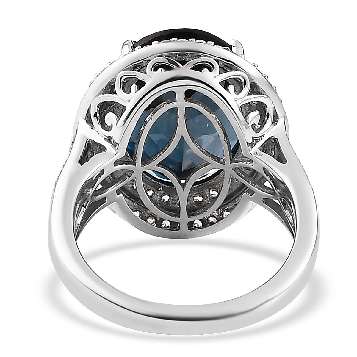 Premium London Blue Topaz, White Zircon Double Halo Ring in Platinum Over Sterling Silver (Size 6.0) 11.25 ctw image number 4