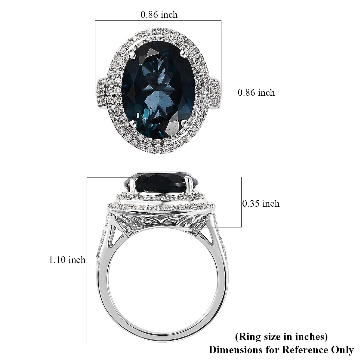 Premium London Blue Topaz, White Zircon Double Halo Ring in Platinum Over Sterling Silver (Size 6.0) 11.25 ctw image number 5